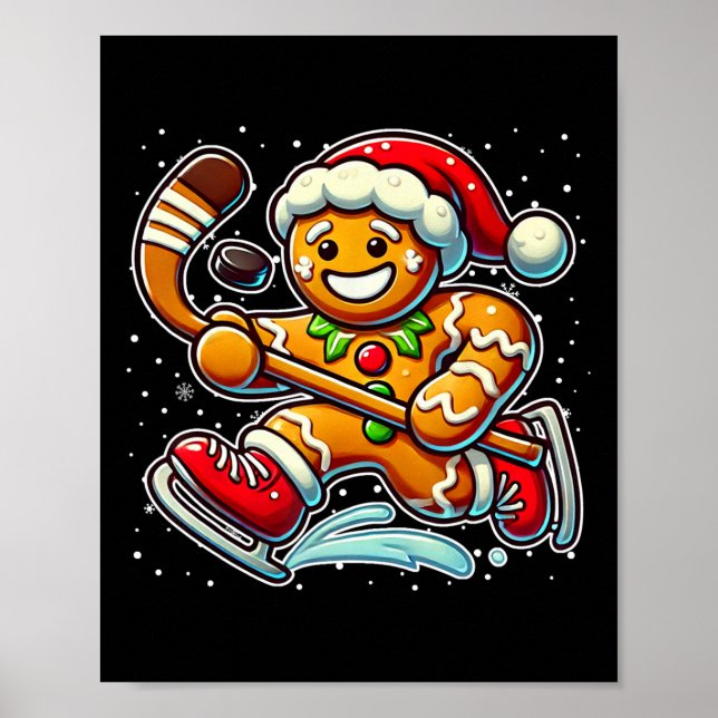 Póster Gingerbread Man Ice Hockey Funny Christmas Santa S (Frente)