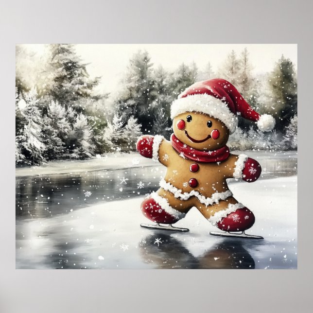 Póster Gingerbread Man Skating Print Christmas Art (Frente)