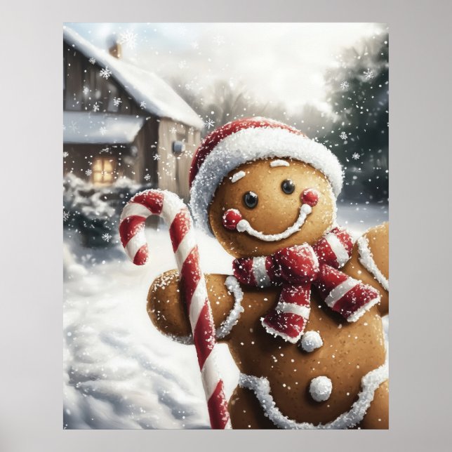 Póster Gingerbread Man with Candy Cane Wall Art (Frente)
