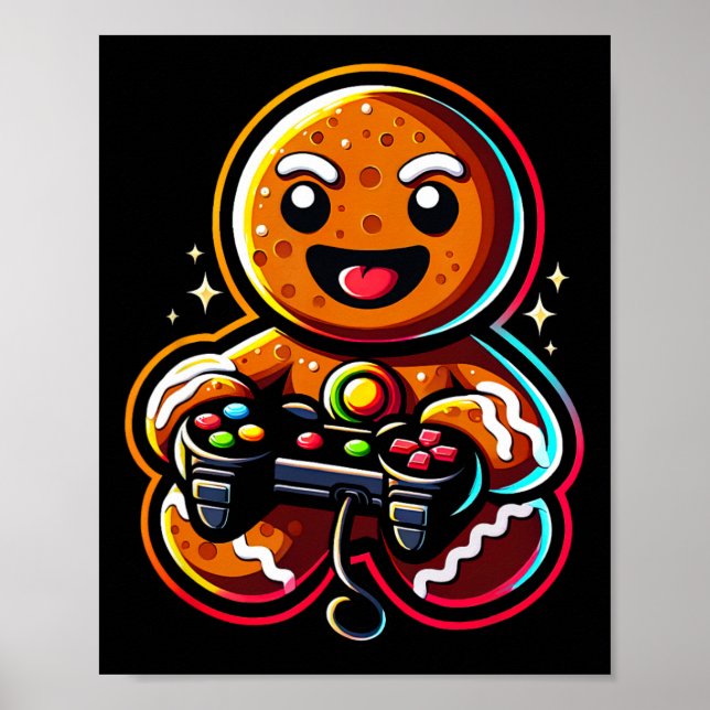 Póster Gingerbread Playing Video Game Controller Gamer Ch (Frente)