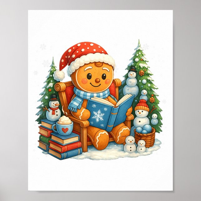 Póster Gingerbread Reading Book Lovers Christmas Bookworm (Frente)