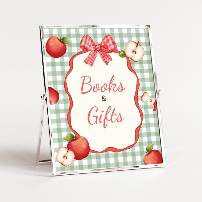 Póster Gingham Apple de nuestro Rótulo de libros y regalo (Gingham Apple of our Eye Baby Books and Gifts Sign)