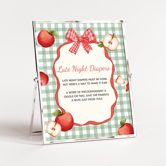Póster Gingham Apple de nuestro Rótulo de pañales nocturn (Gingham Apple of our Eye Baby Shower Late Night Diapers Sign)