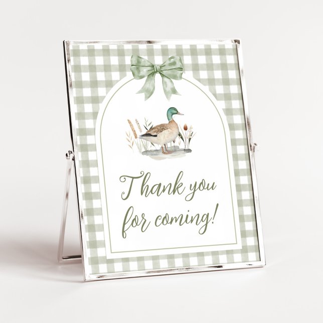 Póster Gingham Mallard Duck Baby Shower Gracias Rótulo (Sage Green Gingham Mallard Duck Hunting Country Baby Shower Sign)