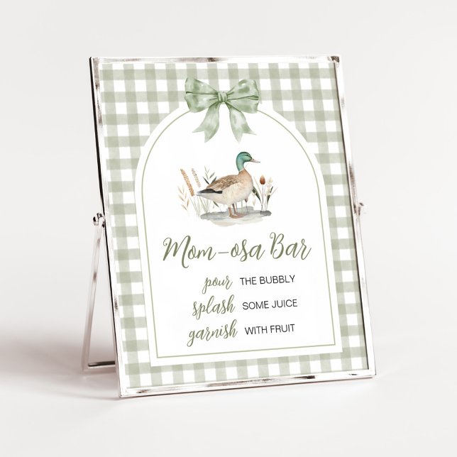 Póster Gingham Mallard Duck Baby Shower Mom Osa Bar Rótul (Sage Green Gingham Mallard Duck Hunting Country Baby Shower Sign)