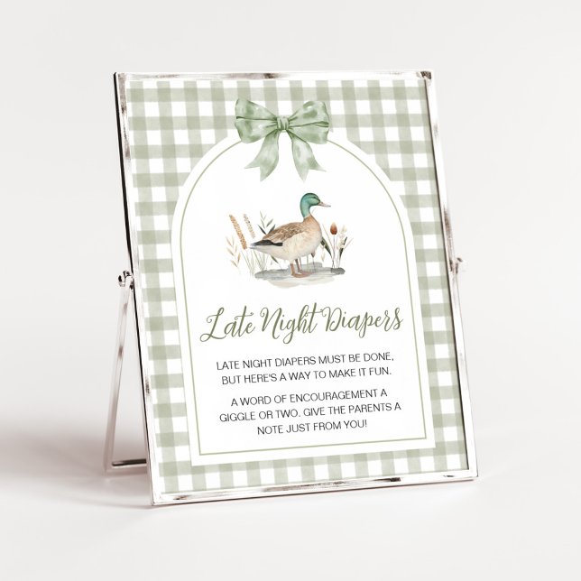 Póster Gingham Mallard Duck Baby Tarde Noche Diapers Rótu (Sage Green Gingham Mallard Duck Hunting Country Baby Shower Sign)