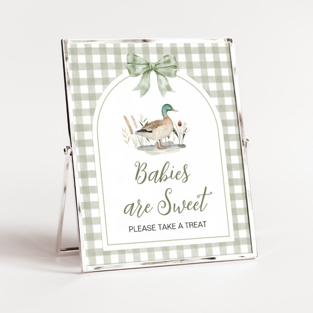 Póster Gingham Mallard Duck Bebés son Rótulos dulces (Sage Green Gingham Mallard Duck Hunting Country Baby Shower Sign)