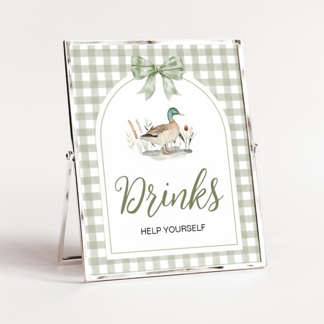 Póster Gingham Mallard Duck Rótulo de bebidas Baby Shower (Sage Green Gingham Mallard Duck Hunting Country Baby Shower Sign)