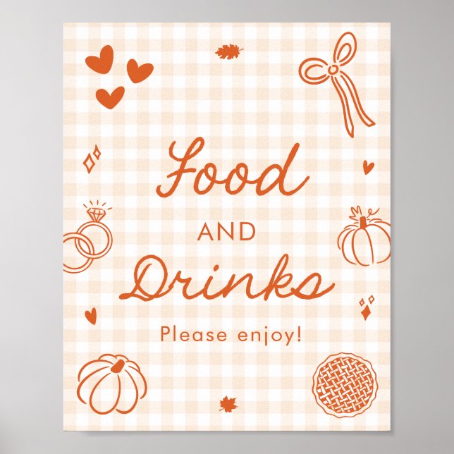 Póster Gingham Naranja Otoñal Comida y Bebidas Dibujadas  (Frente)