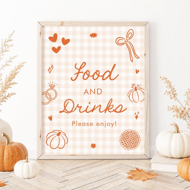 Póster Gingham Naranja Otoñal Comida y Bebidas Dibujadas  (Fall Orange Gingham Hand Drawn Food and Drinks Sign)