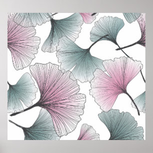 Póster Gingko biloba dibujado a mano.