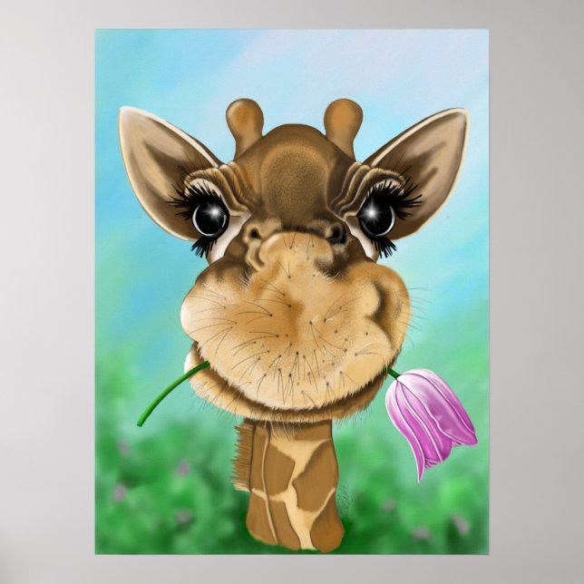 Póster Girafa adorable con flor (Frente)