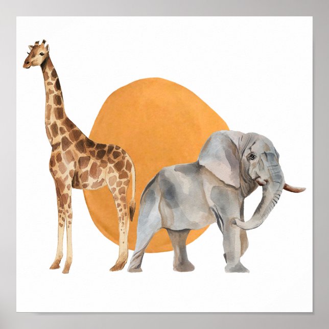 Póster Girafa africana y elefante (Frente)