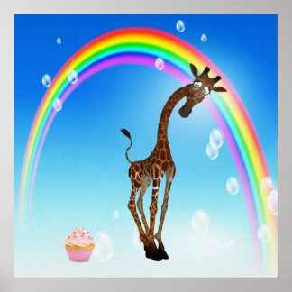 Póster Girafa caprichosa, tarta y arcoiris