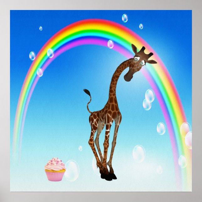 Póster Girafa caprichosa, tarta y arcoiris (Frente)