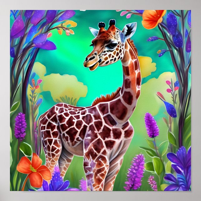 Póster Girafa cuta rodeada de flores (Frente)