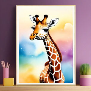Póster Girafa De Acuarela Adorable Para Niños Nursera