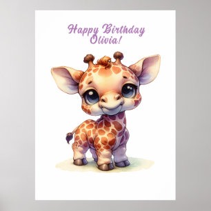 Póster Girafa de bebé lindo color agua