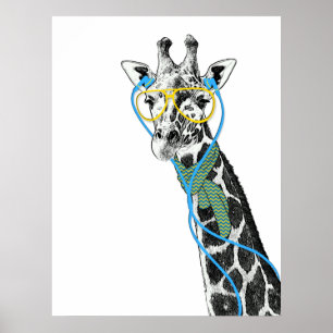 Póster Girafa de moda y divertida Guay con gafas, auricul