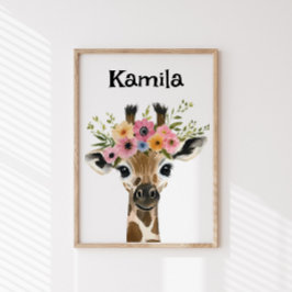 Póster Girafa del bebé personalizada con corona floral