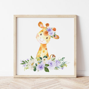 Póster Girafa, Safari, flores moradas, género neutral