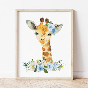 Póster Girafa, Safari, Selva, Flores azules, niñera