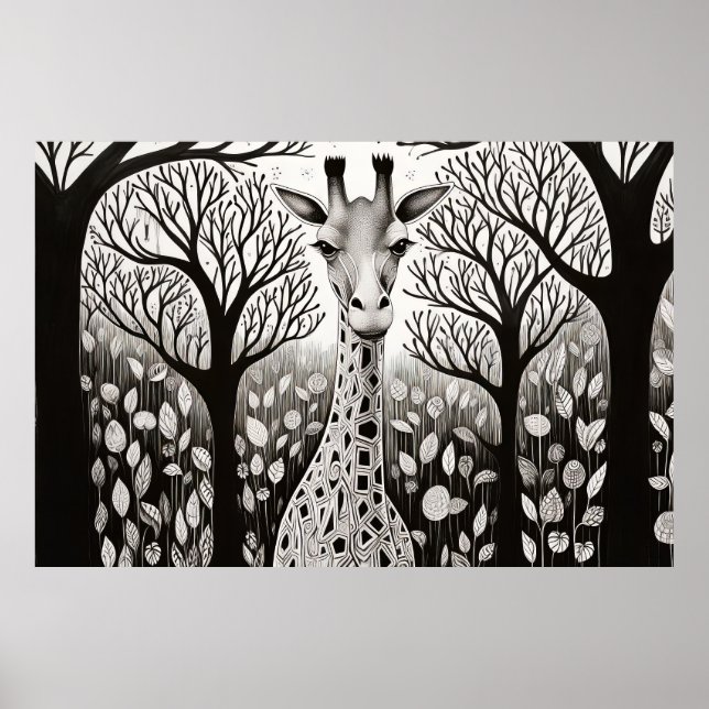 Póster Girafa Tranquila Naturaleza Prairie Esbozo Dibujo (Frente)