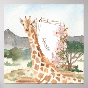 Póster Giraffe acuarela en niños africanos de Savannah