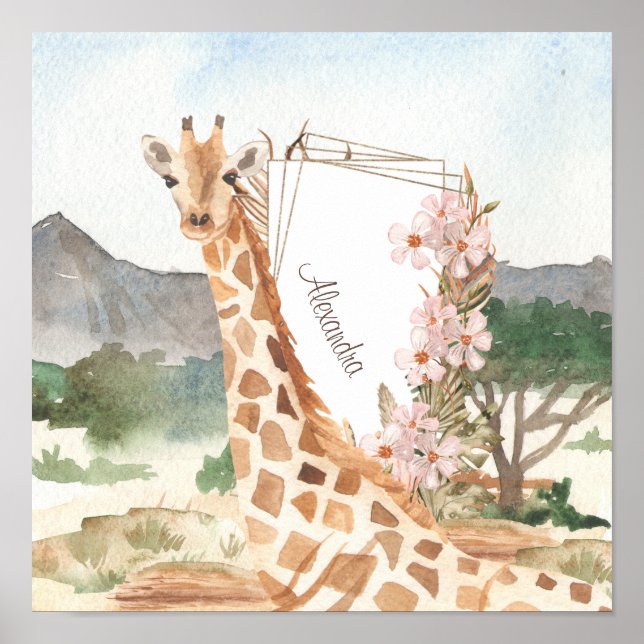 Póster Giraffe acuarela en niños africanos de Savannah (Frente)