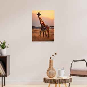 Póster Giraffe al atardecer - Ilustracion de vida silvest