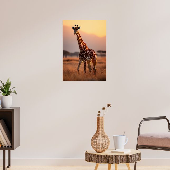 Póster Giraffe al atardecer - Ilustracion de vida silvest (Salón 3)