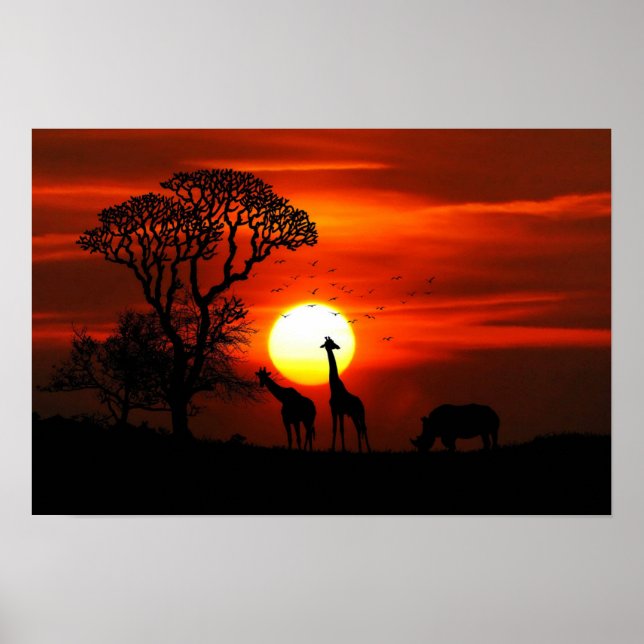 Póster Giraffe and  Rhinoceros Sunset Poster (Frente)