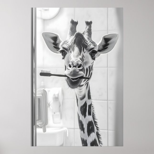 Póster Giraffe Brushing Teeth Print, Funny Bathroom (Frente)