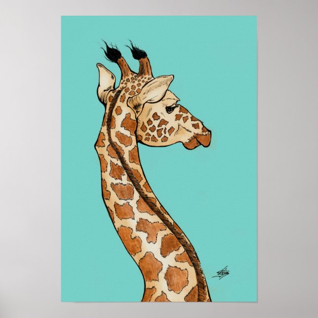 Póster Giraffe con antecedentes verde azulados (Frente)