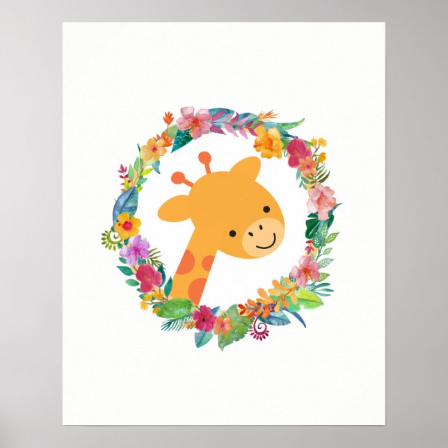 Póster Giraffe cuta con una guirnalda floral acuática (Frente)