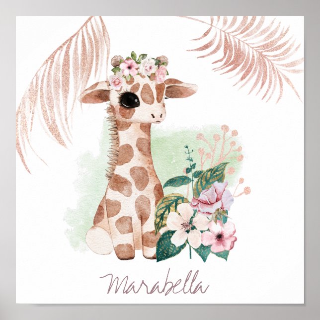 Póster *~* Giraffe de nombres de bebé rosa dorado niña se (Frente)