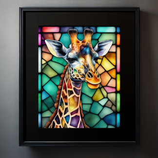 Póster Giraffe de vidrio templado de color agua