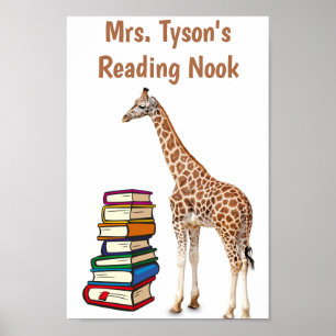 Póster Giraffe editable con pila de libros leyendo libro