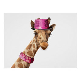 Póster Giraffe en gorra rosa brillante