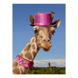 Póster Giraffe en gorra rosa brillante