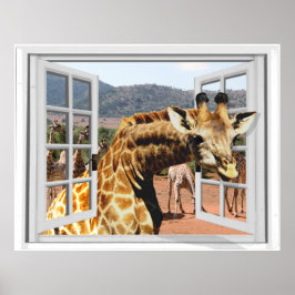 Póster Giraffe en ventana falsa vista efecto Trompe l'oei