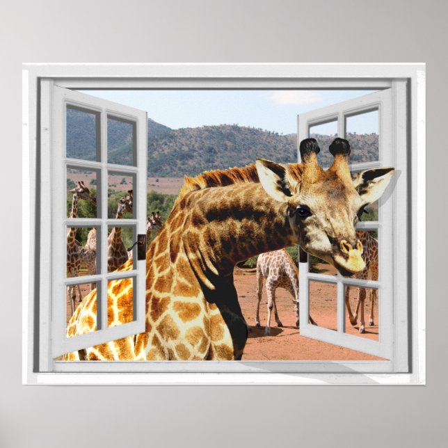Póster Giraffe en ventana falsa vista efecto Trompe l'oei (Frente)