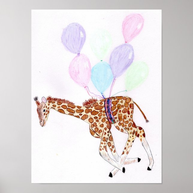 Póster Giraffe flying with some balloons Poster (Frente)