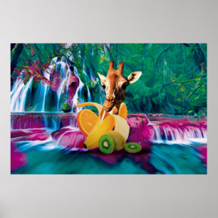 Póster Giraffe in a Banana with orange and Kiwi Fruits