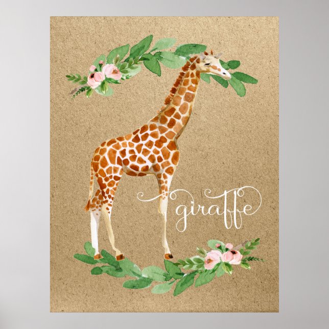 Póster Giraffe Safari Pink Floral Girl's Nursery Art (Frente)