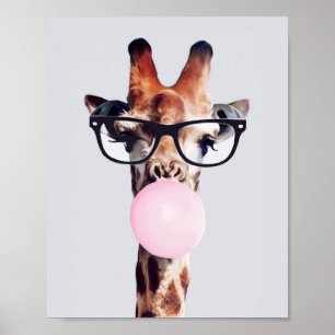 Póster Giraffe Usando Gafas Que Soplan Goma Rosa De Burbu