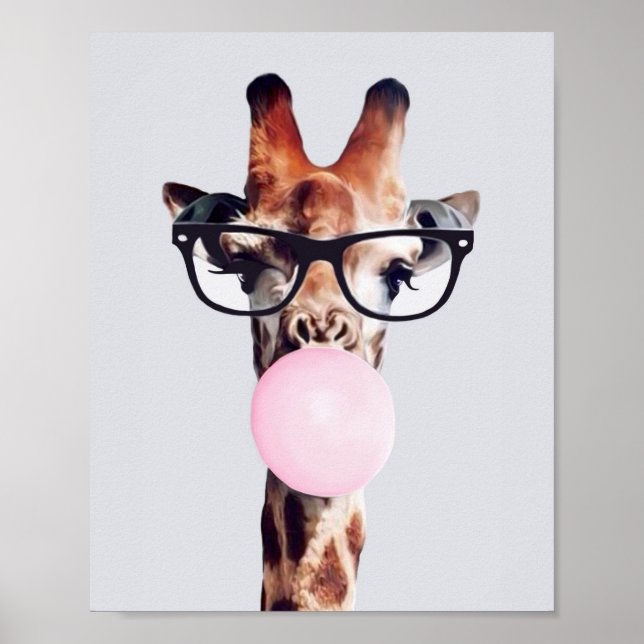 Póster Giraffe Usando Gafas Que Soplan Goma Rosa De Burbu (Frente)
