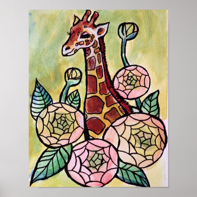 Póster Giraffe y flores Giraffes ilustracion florido (Frente)