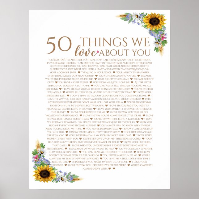 Póster girasol 50 cosas que te amamos cumpleaños 50 de ma (Frente)