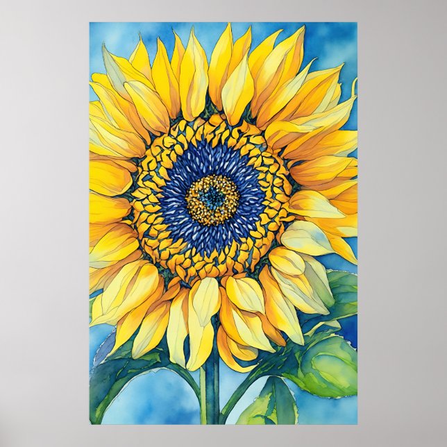Póster Girasol acuarela en un post sobre fondo azul cielo (Frente)